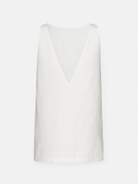 Krótka sukienka ELOA off-white – widok z tyłu z głębokim dekoltem V, kolekcja Mariety Żukowskiej x Muuv, dostępna na beetles.shop.