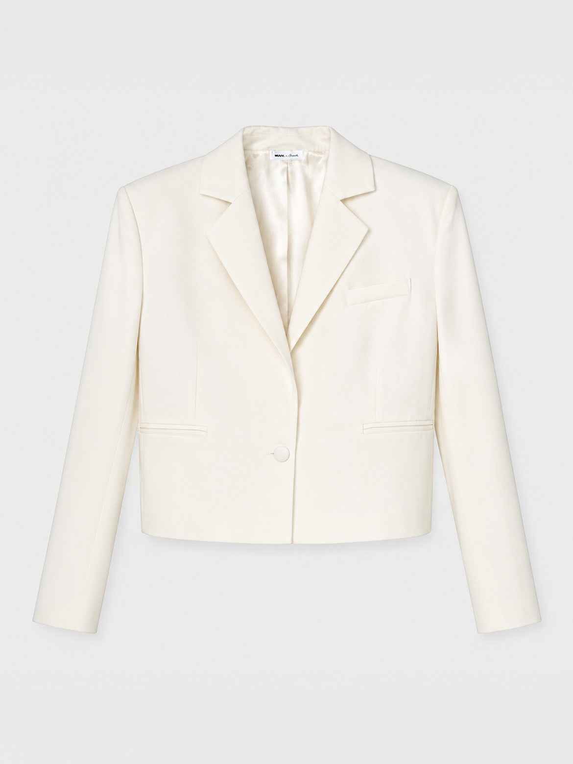 Marynarka cropped NAIA buttermilk z poszerzoną linią ramion, kolekcja Mariety Żukowskiej dla Muuv, dostępna na beetles.shop.