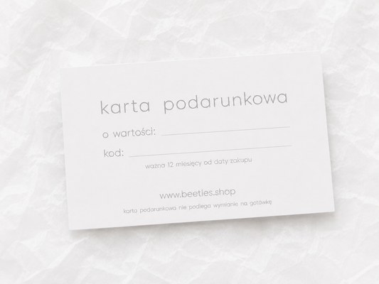 Minimalistyczna karta podarunkowa w estetyce mariety zukowskiej -beetles