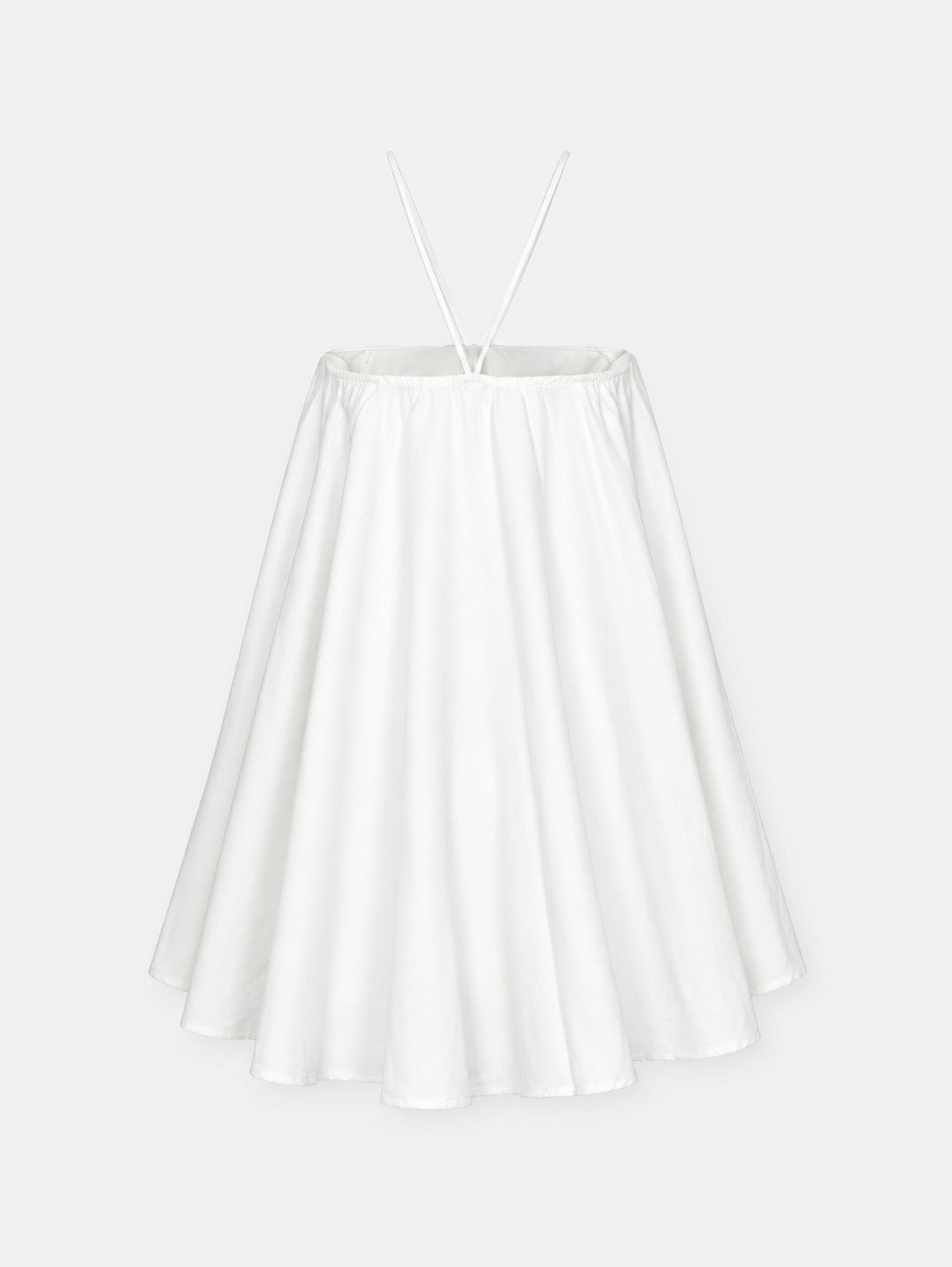 Sukienka mini SOLEA off-white – widok z tyłu, szeroki dół i cienkie krzyżujące się ramiączka, kolekcja Mariety Żukowskiej dla Muuv, beetles.shop.