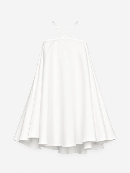 Krótka sukienka SOLEA off-white ze strukturalnej bawełny – widok z przodu, rozkloszowany fason i dekolt halter, Marieta Żukowska x Muuv, beetles.shop.